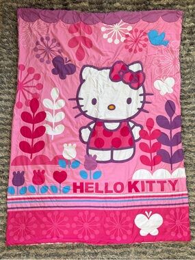 Hello Kitty Pink and Purple Floral Reversible Blanket with Matching Pillow Case